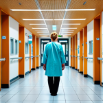 A slightly overwhelmed person standing in a modern German hospital or clinic entrance. Abstract medical terms in German, like "Diagnose," "Therapie," and "Befund," subtly float around them, symbolizing initial confusion and the challenge of navigating a new healthcare system. The lighting is bright but the atmosphere suggests a sense of being lost.