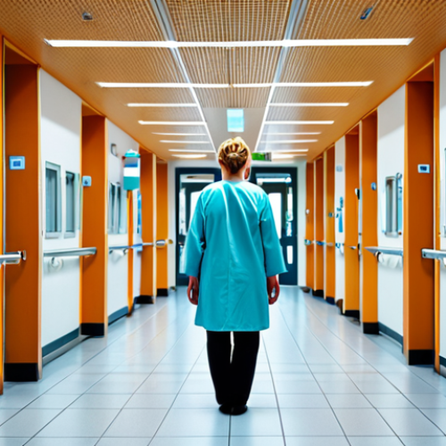 Home 20 A slightly overwhelmed person standing in a modern German hospital or clinic entrance. Abstract medical terms in German, like "Diagnose," "Therapie," and "Befund," subtly float around them, symbolizing initial confusion and the challenge of navigating a new healthcare system. The lighting is bright but the atmosphere suggests a sense of being lost.