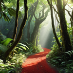 **

A dense, green jungle with a winding, barely visible path leading into the depths.  Sunlight filters through the canopy.  A single, bright red thread (a "roter Faden") is prominently visible, guiding the viewer's eye along the path.  Focus on the feeling of being lost but with a glimmer of hope.

**