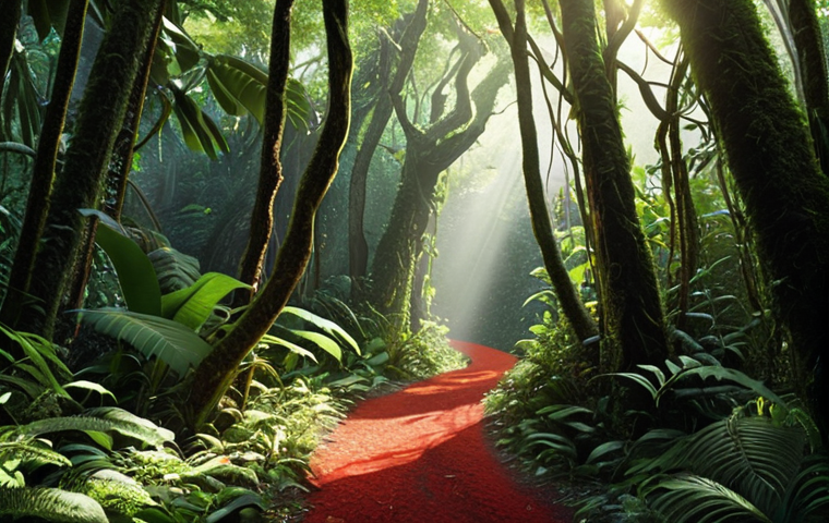 **
A dense, green jungle with a winding, barely visible path leading into the depths. Sunlight filters through the canopy. A single, bright red thread (a "roter Faden") is prominently visible, guiding the viewer's eye along the path. Focus on the feeling of being lost but with a glimmer of hope.
**