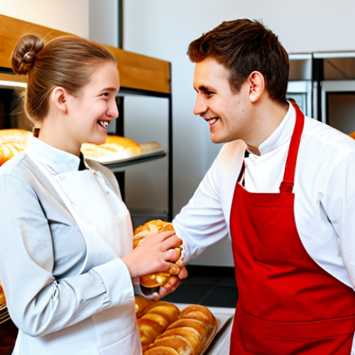Home 18 A friendly young adult, fully clothed in modest casual wear, politely interacting with a professional bakery assistant in a brightly lit, modern German bakery. Fresh pastries and bread are neatly displayed in the background. Appropriate attire, safe for work, appropriate content, family-friendly, perfect anatomy, correct proportions, natural pose, well-formed hands, proper finger count, natural body proportions, professional photography, high quality.
