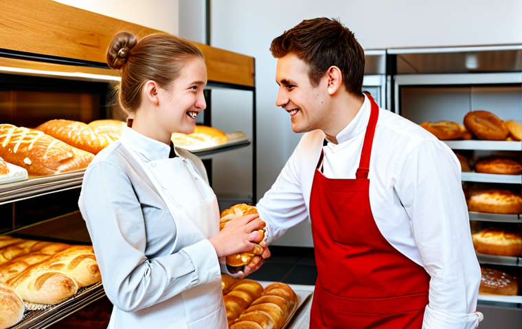 A friendly young adult, fully clothed in modest casual wear, politely interacting with a professional bakery assistant in a brightly lit, modern German bakery. Fresh pastries and bread are neatly displayed in the background. Appropriate attire, safe for work, appropriate content, family-friendly, perfect anatomy, correct proportions, natural pose, well-formed hands, proper finger count, natural body proportions, professional photography, high quality.