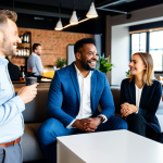 A diverse group of adults, fully clothed in professional and smart casual attire, engaging in lively and authentic conversations in a bright, modern co-working space. One individual in a modest business suit is having a formal discussion by a coffee bar, while another in casual wear uses expressive gestures during a relaxed chat on a comfortable sofa. The atmosphere emphasizes genuine human connection and varied communication styles, with soft, natural lighting illuminating the contemporary decor. safe for work, appropriate content, fully clothed, professional, perfect anatomy, correct proportions, natural pose, well-formed hands, proper finger count, natural body proportions, professional photography, high quality.