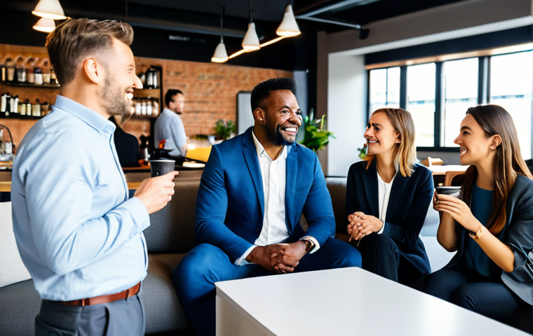 A diverse group of adults, fully clothed in professional and smart casual attire, engaging in lively and authentic conversations in a bright, modern co-working space. One individual in a modest business suit is having a formal discussion by a coffee bar, while another in casual wear uses expressive gestures during a relaxed chat on a comfortable sofa. The atmosphere emphasizes genuine human connection and varied communication styles, with soft, natural lighting illuminating the contemporary decor. safe for work, appropriate content, fully clothed, professional, perfect anatomy, correct proportions, natural pose, well-formed hands, proper finger count, natural body proportions, professional photography, high quality.
