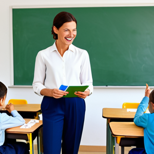 Home 20 **
A cheerful elementary school teacher, fully clothed in a modest blouse and comfortable trousers, is enthusiastically teaching children the numbers from one to twelve using colorful flashcards in a bright, sunny classroom. The children are attentive and engaged, all fully clothed in appropriate attire. "Eins, Zwei, Drei" is clearly visible on one of the flashcards. Safe for work, appropriate content, family-friendly, perfect anatomy, correct proportions, well-formed hands, proper finger count, natural body proportions, professional illustration.
**