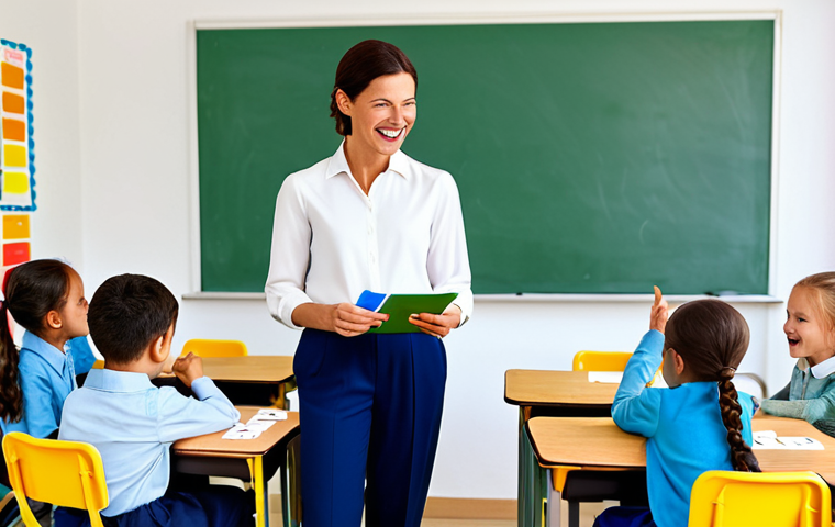 **
A cheerful elementary school teacher, fully clothed in a modest blouse and comfortable trousers, is enthusiastically teaching children the numbers from one to twelve using colorful flashcards in a bright, sunny classroom. The children are attentive and engaged, all fully clothed in appropriate attire. "Eins, Zwei, Drei" is clearly visible on one of the flashcards. Safe for work, appropriate content, family-friendly, perfect anatomy, correct proportions, well-formed hands, proper finger count, natural body proportions, professional illustration.
**