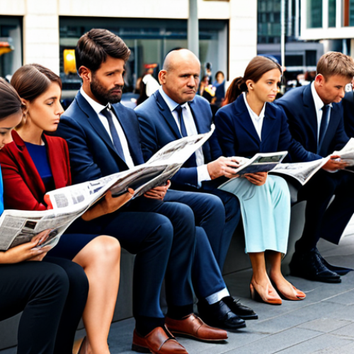 Home 18 Media Influence**
"A diverse group of fully clothed people reading newspapers and looking at tablets in a modern city square, with subtle news headlines visible on the screens. The scene should evoke a sense of information overload but maintain a professional and neutral tone. Focus on the interaction of people with media, appropriate attire, safe for work, perfect anatomy, correct proportions, natural pose, well-formed hands, proper finger count, natural body proportions, professional photography, high quality, family-friendly."
**