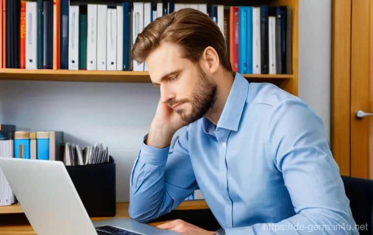 독일어 공식 문서 작성법 - A person, mid-30s, with a focused expression, sits at a tidy wooden desk in a well-lit German home o...
