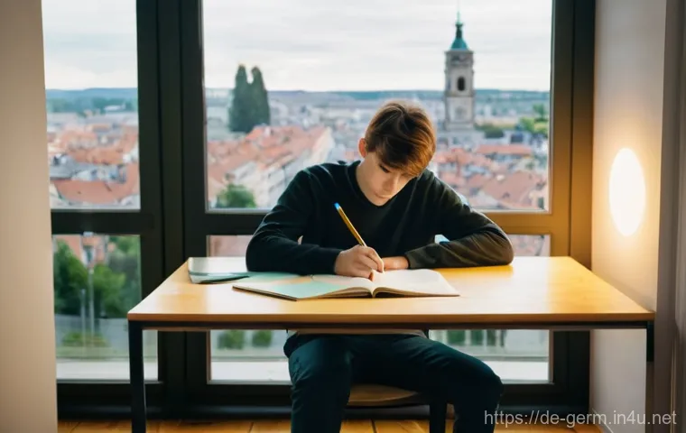 독일어 C1 레벨 독해 연습 - **Prompt:** A young adult, approximately 20 years old, with a determined yet thoughtful expression, ...