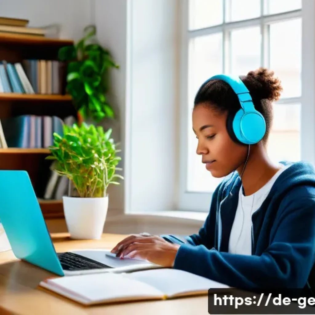 독일어 스스로 학습하는 법 - **Prompt:** A young adult, gender-neutral, in a brightly lit, organized study space. They are sittin...
