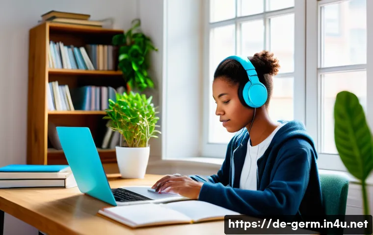 독일어 스스로 학습하는 법 - **Prompt:** A young adult, gender-neutral, in a brightly lit, organized study space. They are sittin...