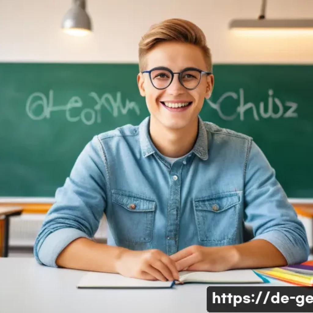 독일어 명사 성 구분 방법 - A cozy German classroom scene focused on language learning: a young adult German learner sitting at ...