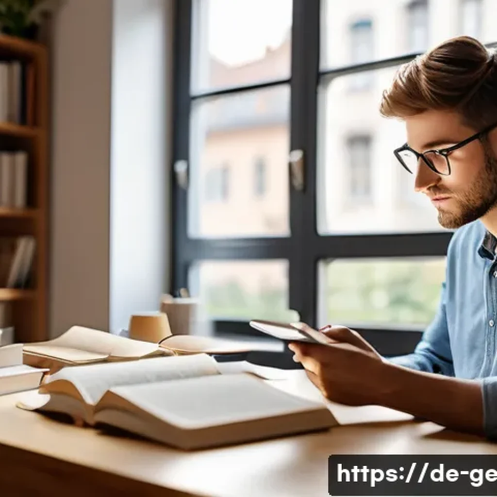 독일어 속독 연습법 - A focused young adult sitting at a modern desk in a cozy, well-lit German apartment, practicing spee...
