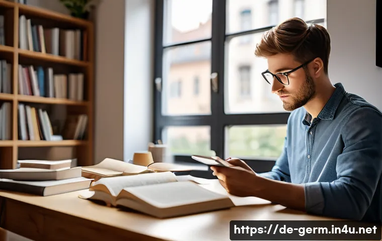 독일어 속독 연습법 - A focused young adult sitting at a modern desk in a cozy, well-lit German apartment, practicing spee...