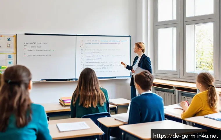 독일어에서 가장 어려운 문법 - A modern German classroom setting with a diverse group of adult students attentively learning the Ko...