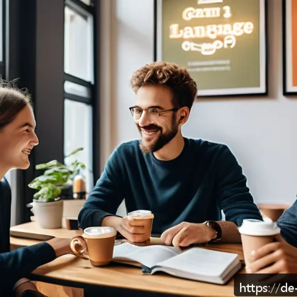 독일어 회화 연습 모임 - A cozy language exchange meetup in a bright, modern café in Berlin with diverse adults casually chat...