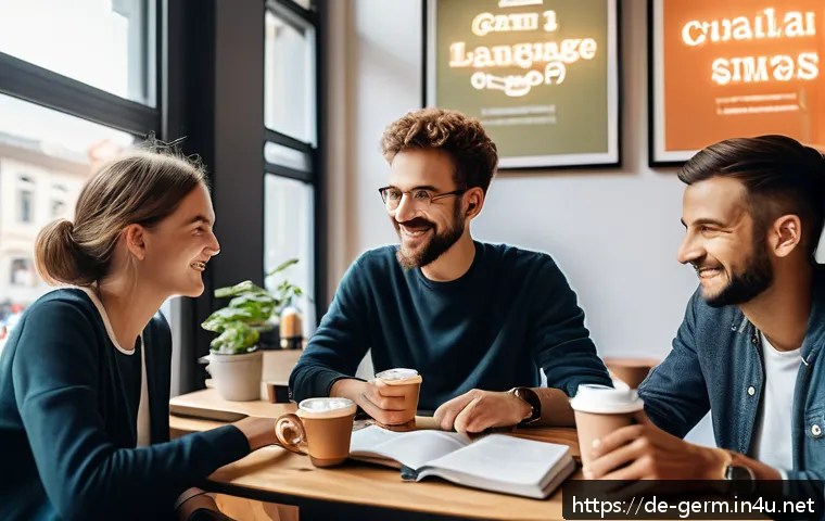 독일어 회화 연습 모임 - A cozy language exchange meetup in a bright, modern café in Berlin with diverse adults casually chat...