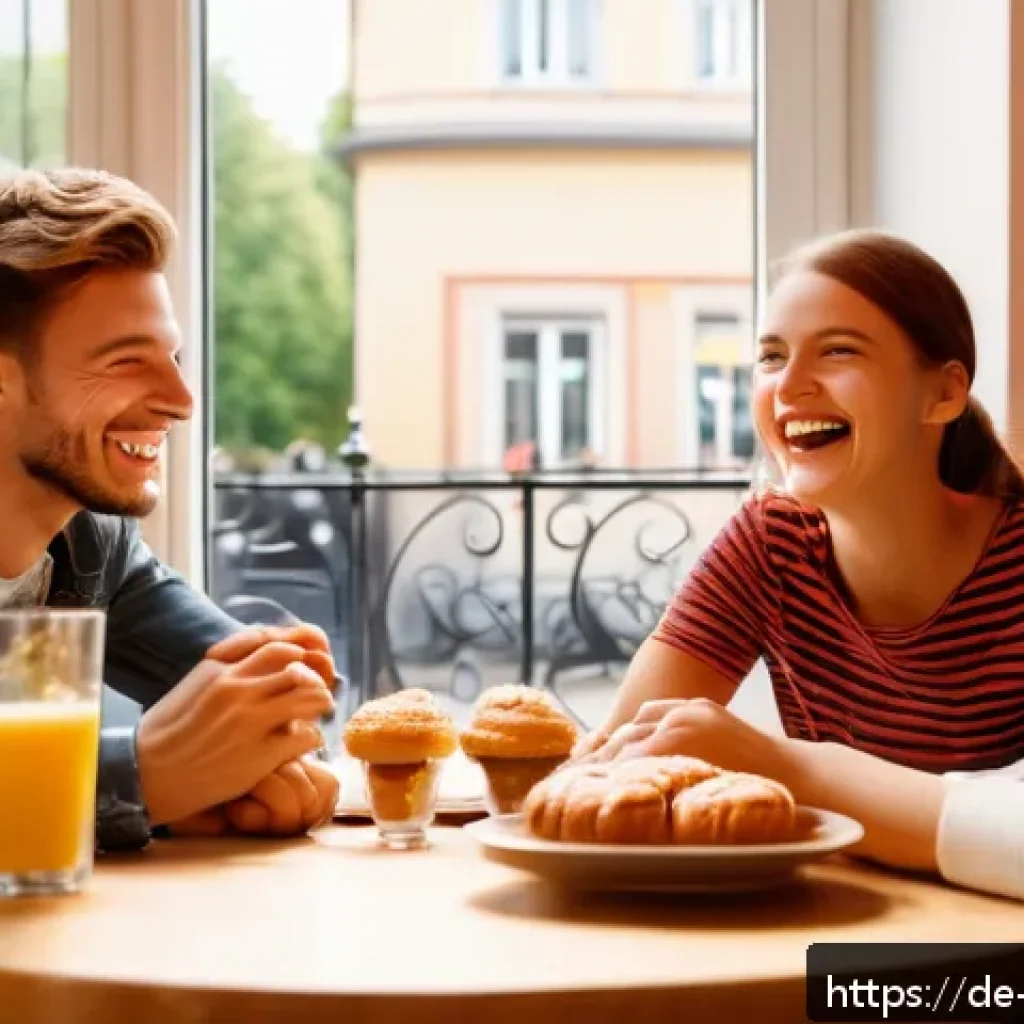 독일어 슬랭과 구어체 표현 - A cozy German café scene showing a diverse group of young adults casually chatting and laughing, usi...