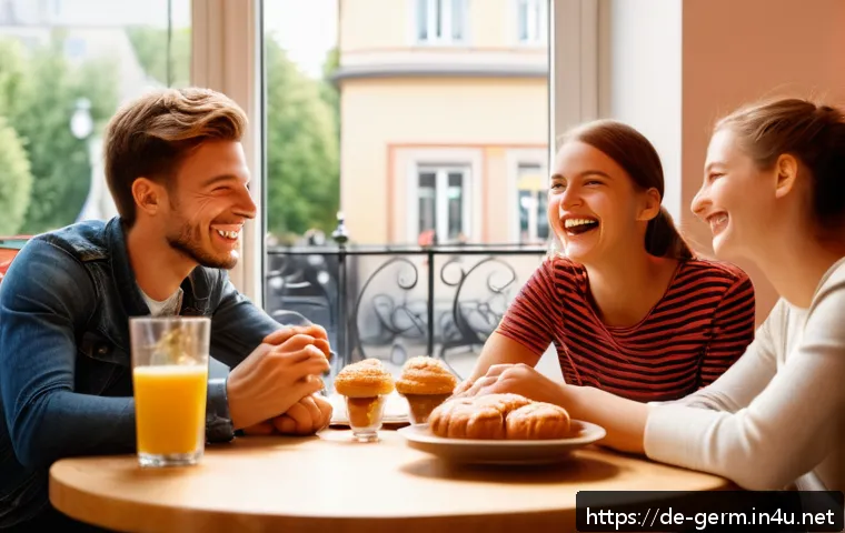 독일어 슬랭과 구어체 표현 - A cozy German café scene showing a diverse group of young adults casually chatting and laughing, usi...
