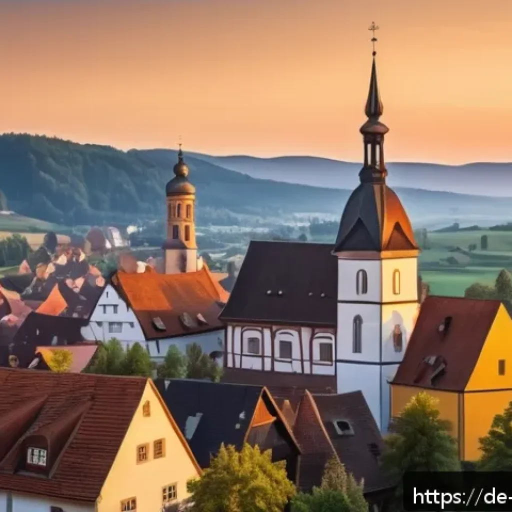 독일어 관용구 및 속담 - A cozy German village scene from the Middle Ages, featuring a central church surrounded by tradition...