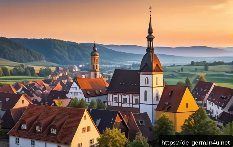 독일어 관용구 및 속담 - A cozy German village scene from the Middle Ages, featuring a central church surrounded by tradition...