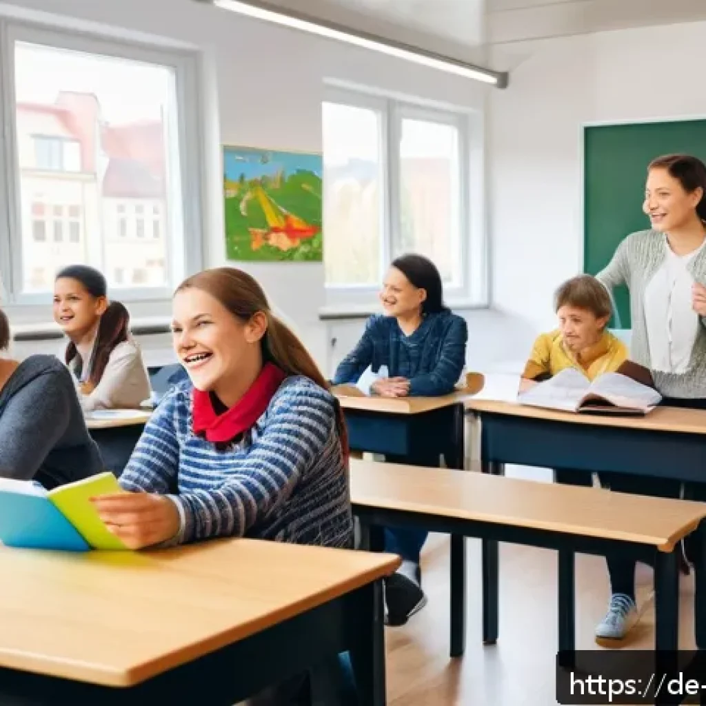 독일어 공부할 때 흔한 실수 - A cozy German language classroom scene with diverse adult learners sitting at desks, focused on a ch...