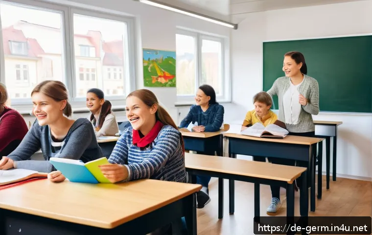 독일어 공부할 때 흔한 실수 - A cozy German language classroom scene with diverse adult learners sitting at desks, focused on a ch...