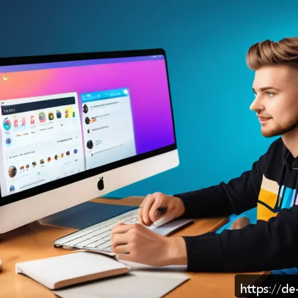 독일어의 변화와 최신 트렌드 - A vibrant digital art scene depicting a modern social media influencer’s workspace: a young adult we...