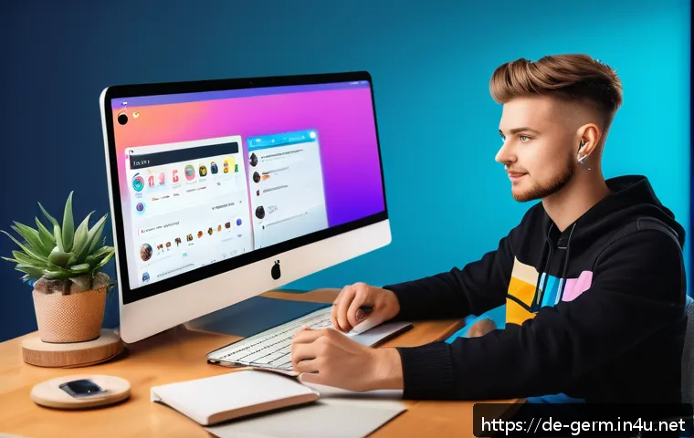 독일어의 변화와 최신 트렌드 - A vibrant digital art scene depicting a modern social media influencer’s workspace: a young adult we...