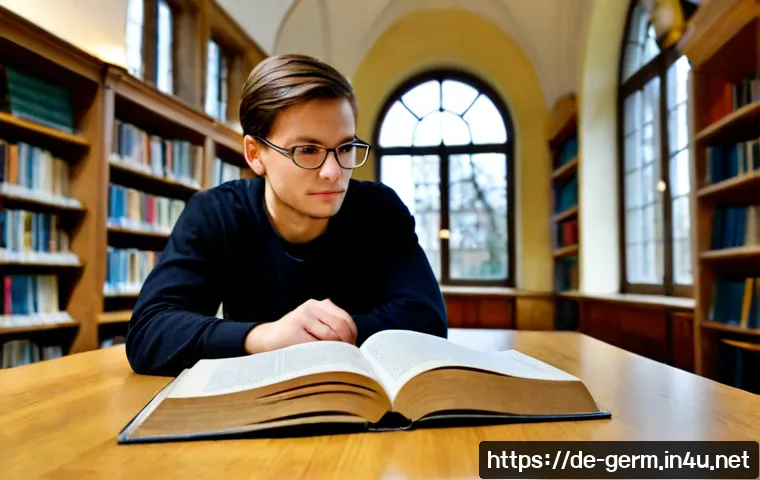 독일어 문학과 철학 - Photorealistic university library scene in Germany, an adult student thoughtfully studying classic G...