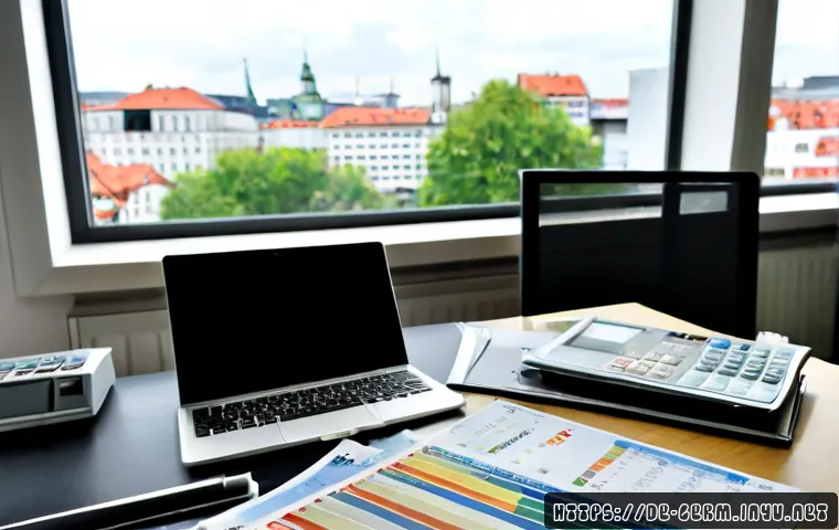 Home 17 독일어 경제 관련 용어 - Photorealistic German business desk scene for economic terminology learning, neatly arranged euro ba...