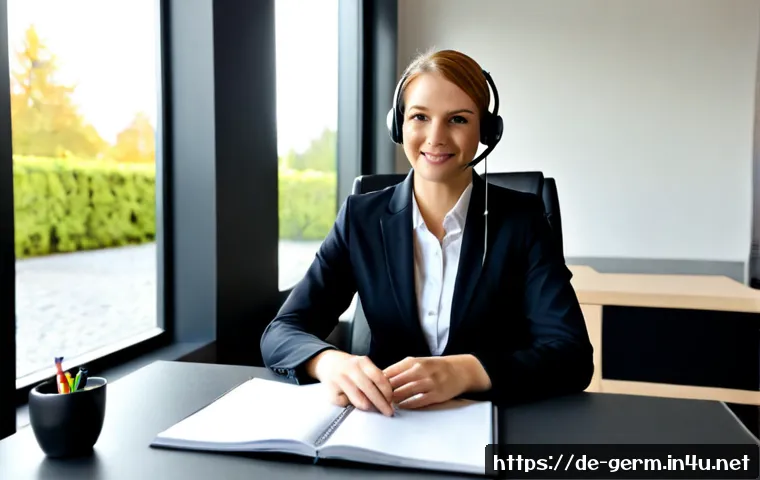 독일어 전화 통화 필수 표현 - Photorealistic scene of a friendly German-speaking customer service representative wearing a discree...